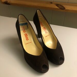 Miu Miu Dark Brown Peep Toe Block Heel Women’s 35.5 Pumps